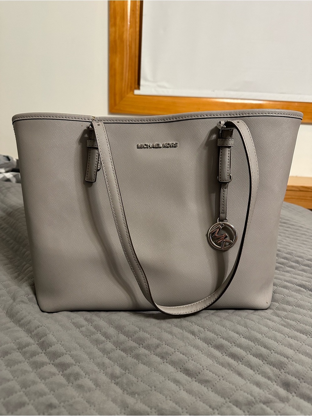 Michael Kors Light Gray Saffiano Leather Tote with MK Charm